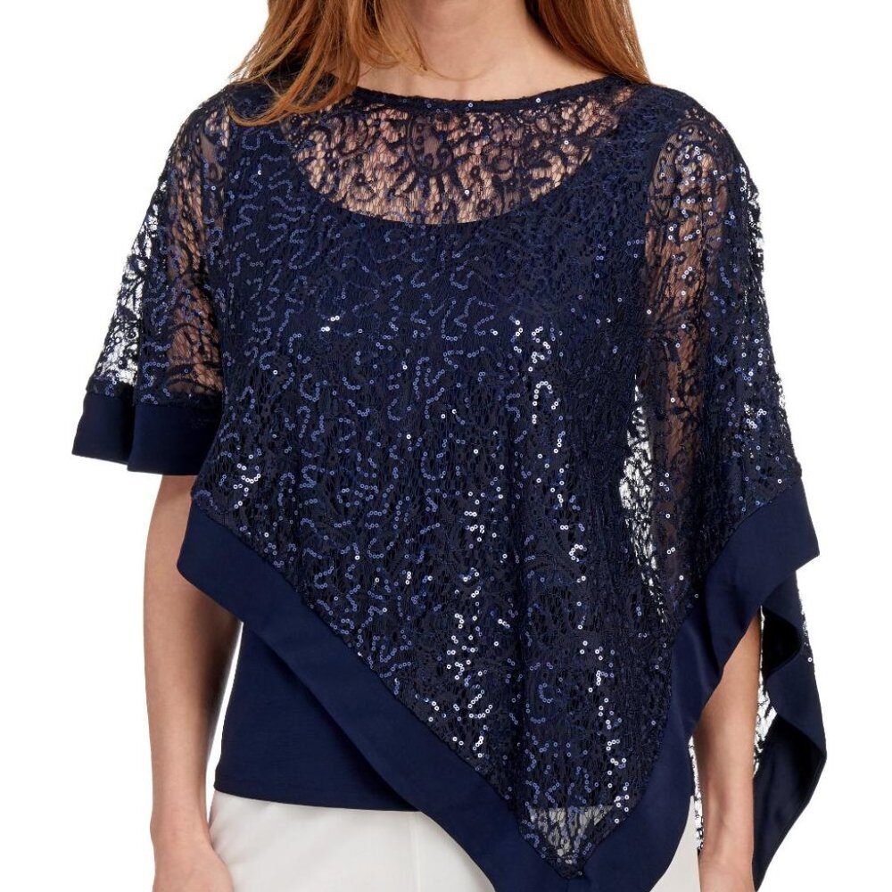 R & M Richards Sequinned-Overlay Top- Navy Blue